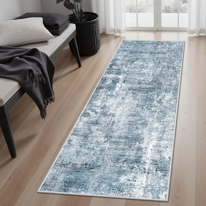 Soalmost Runner Rug 2x5 Washable Non-Slip Kitchen Runner Rugs for Bathroom Laundry Room Blue/Grey Vintage Floor Carpet Runners for Hallway Entryway
