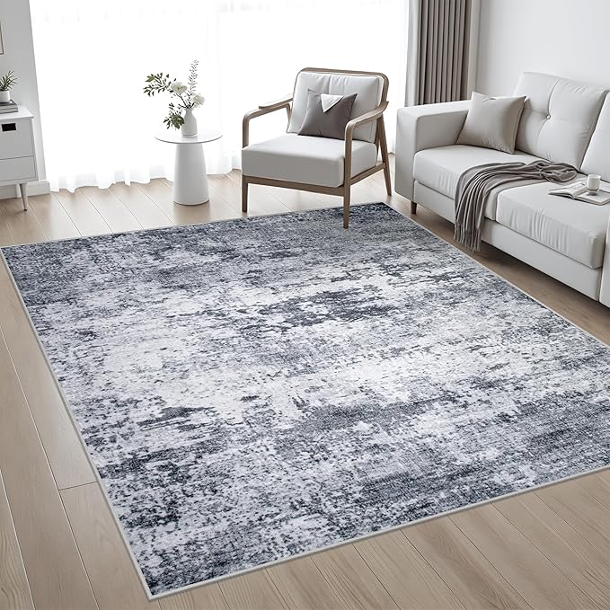 8x8 Area Rug Living Room Rug: Washable Modern Abstract Soft Thin Rug Indoor Floor No Slip Stain Resistant Carpet for Bedroom Dining Room Farmhouse Nursery Home Office - Grey