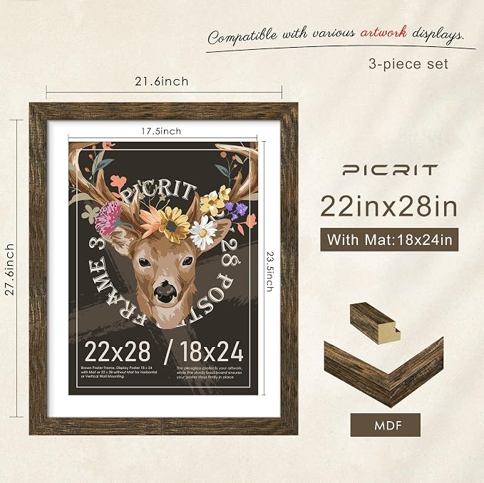Picrit 22x28 Picture Frame 3 Pack, Wooden Brown Rustic Poster Frame, Display Poster 18 x 24 with Mat or 22 x 28 without Mat for Horizontal or Vertical Wall Mounting