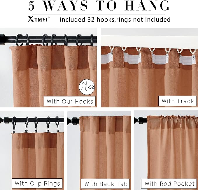 XTMYI Terracotta 90 Inch Length 2 Panels Back Tab/Hook Belt Linen Cotton Sheer Curtains for Bedroom Set