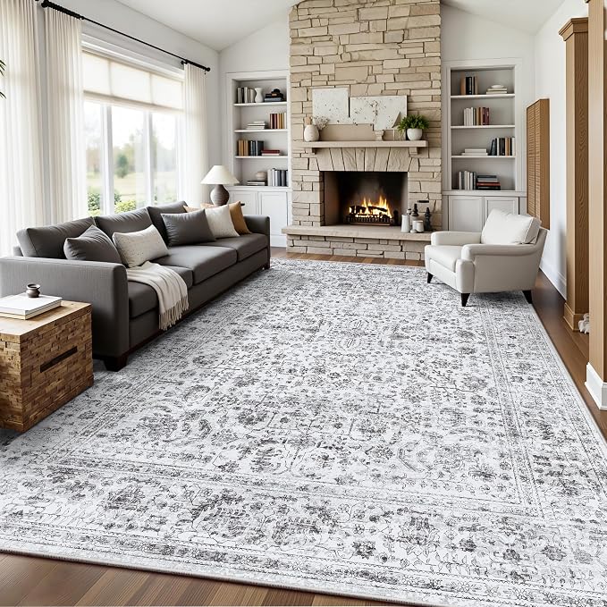 8x10 Area Rugs for Living Room, Washable Vintage Retro Floral Rug, Low Pile Non Slip Distressed Large Carpet for Bedroom, Dining Room, Office, Home (Vintage Black)