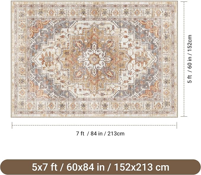 befbee 5x7 Area Rugs for Living Room,Stain Resistant Washable Rug,Non-Slip Backing Rugs for Bedroom,Kitchen,Printed Vintage Home Decor Rug (Turmeric/Grey, 5'x7')