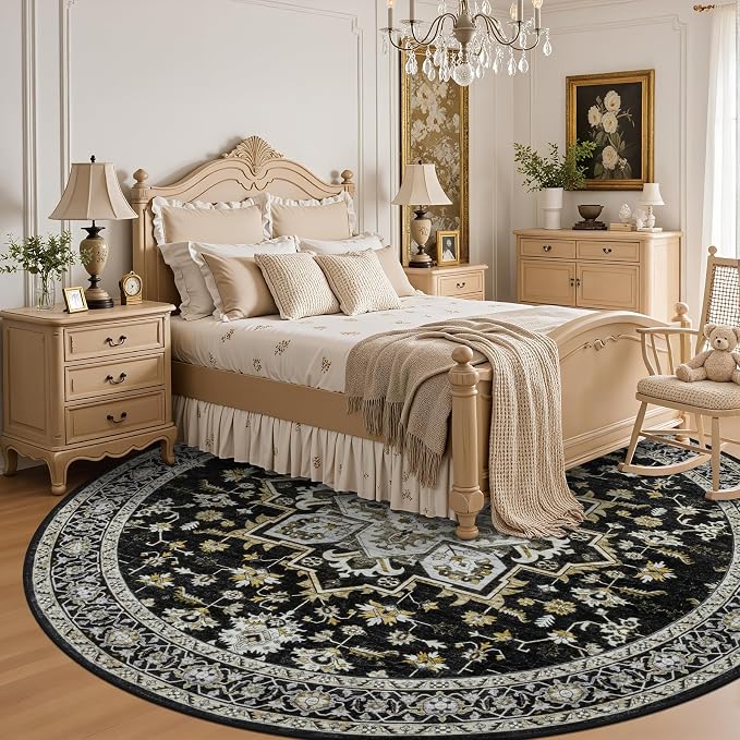 Round Area Rug for Living Room: 4 ft Washable Vintage Boho Soft Thin Circle Rug Indoor Floor No Slip Stain Resistant Carpet for Bedroom Dining Room Farmhouse Nursery Home Office - Black Gold