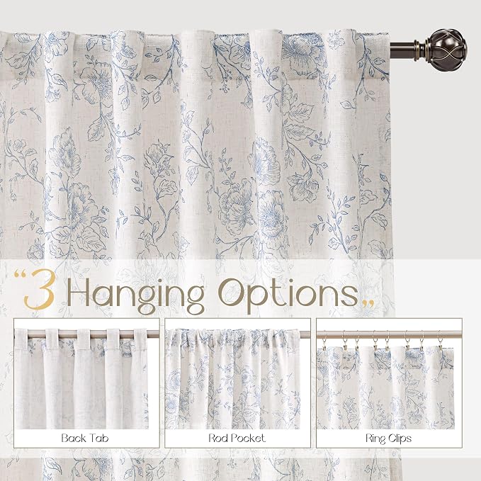 Blue Floral Curtains 80 inch Length Back Tab Farmhouser Living Room Light Filtering Curtains Blue Pattern Print on Cream White Linen Curtain Panel Minimalist Aesthetic Sketch Style Vintage Room Decor