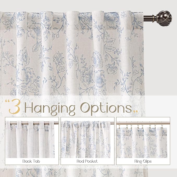 Blue Floral Curtains 72 inch Length Back Tab Farmhouser Living Room Light Filtering Curtains Blue Pattern Print on Cream White Linen Curtain Panel Minimalist Aesthetic Sketch Style Vintage Room Decor
