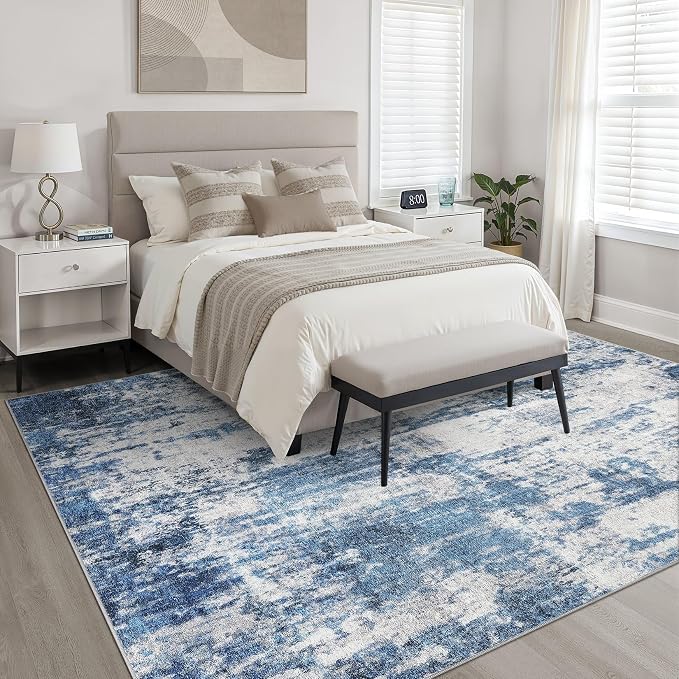 9x12 Area Rugs Living Room: Washable Large Neutral Rug Abstract Soft Modern Stain Resistant Indoor Floor Non-Slip Carpet for Bedroom Nursery Kids Office Playroom Dining Room Under Table- Navy Gray