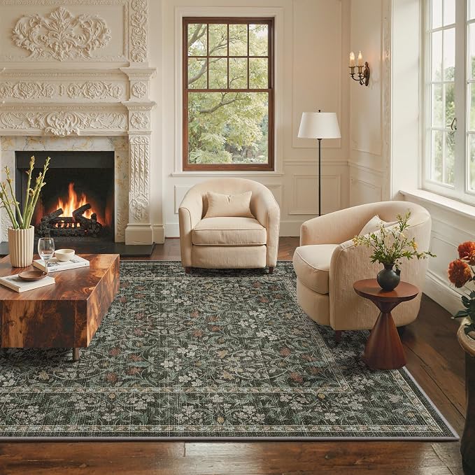 GENIMO 5x7 Washable Area Rugs for Living Room, Non Slip, Black | Vintage Boho Floral Low Pile Thin Carpet for Bedroom, Dining Room, Nursery, Indoor Decor
