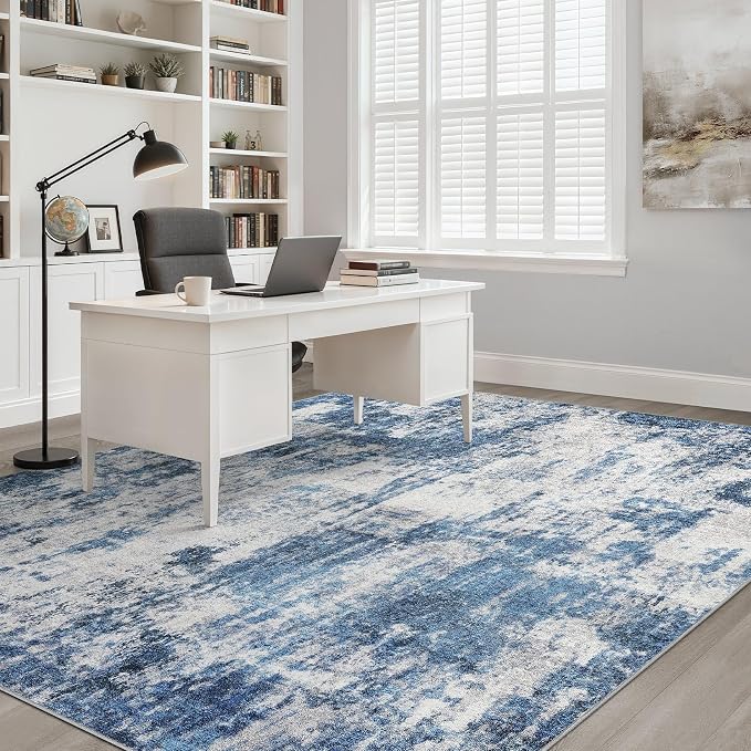 7x9 Area Rug Living Room: Washable Large Neutral Rug Abstract Soft Modern Stain Resistant Indoor Floor Non-Slip Carpet for Bedroom Nursery Kids Office Playroom Dining Room Under Table- Navy Gray