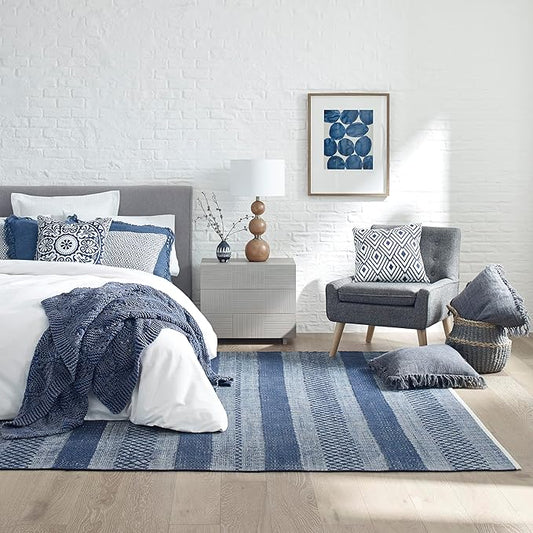 Fab Habitat Machine Washable Area Rug - Hand Woven, Stain Resistant, Pet Friendly - Premium Recycled Polyester Yarn - Shadow Stripes - Bedroom, Living/Dining Room - Mir - Blue - 8 x 10 ft