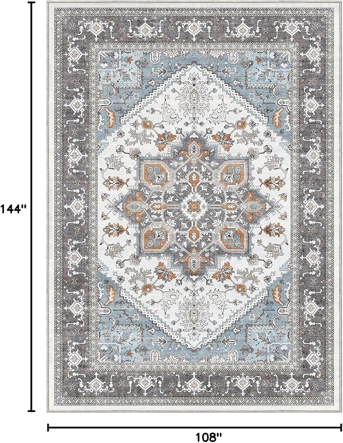OPPODREAM Soft Area Rugs 9x12 Living Room, Washable Rugs 9x12 with Non Slip Backing, Faux Cashmere Low-Pile 9 x 12 Carpet, Grey & Teal & Yellow