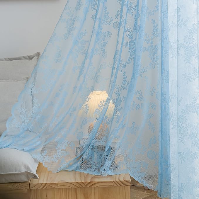 Sutuo Home Lace Curtains Set of 2 Blue Sheer 96 Inch Long Window Curtain Panels Floral Embroidery Vintage Voile Window Panel Treatment for Bedroom Living Room Kitchen Decor Rod Pocket W57 x L96