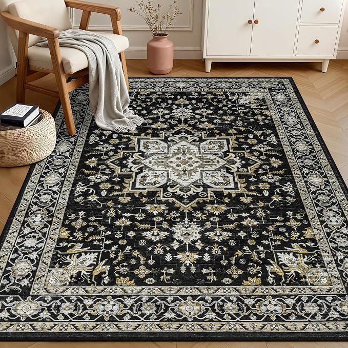 5x7 Area Rugs Living Room Rug: Washable Vintage Boho Medallion Rug No Slip Stain Resistant Soft Carpet Indoor Large Carpets for Bedroom Dining Room Farmhouse Nursery Hallway Home Office Black Gold