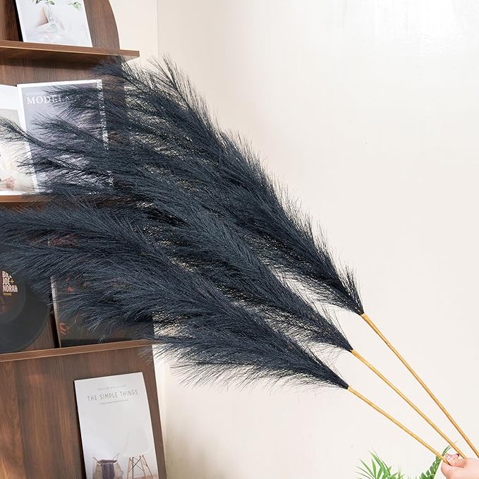 Premium Faux Black Pampas Grass – 55" 8pcs Tall Ultra-Fluffy 24-Branch One-Piece Stems No Assembly, Luxury Silk-Feel Feather Flowers for Modern Gothic Industrial Home Decor (Jet Black, 8 Stems)