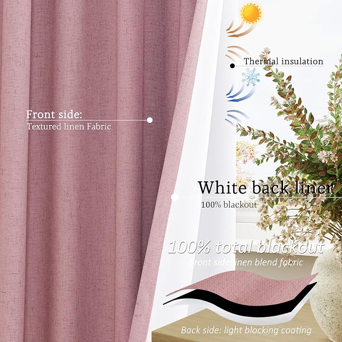 Jowels Blush Pink Linen Blackout Curtains 102 Length 2 Panels Set for Living Room Bedroom, 100% Black Out Thermal Insulated Linen Drapes, Room Darkening Grommet Curtains 102 Inches Long