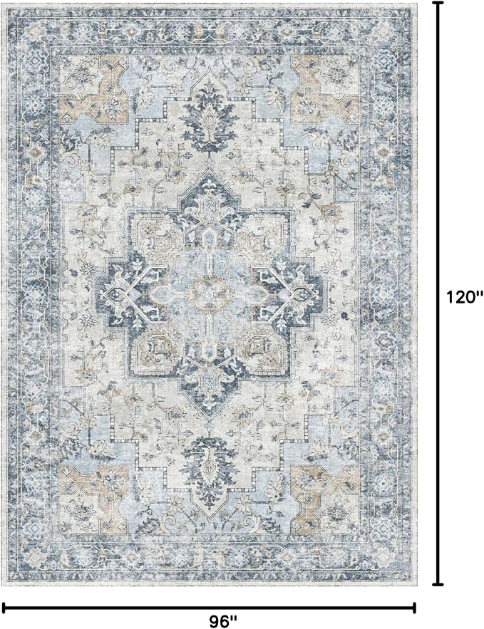 GENIMO 8x10 Area Rugs for Living Room, Machine Washable Non Slip Vintage Rugs, Low Pile Lightweigt Chenille Print Indoor Rug for Bedroom, Dining Room, Home Office, Blue
