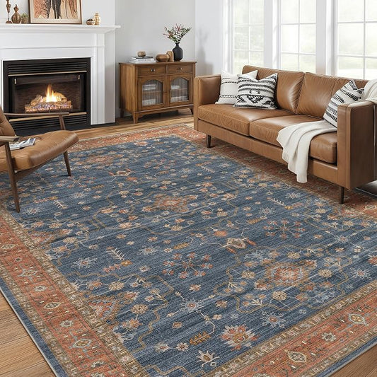 8x10 Area Rug for Living Room- Machine Washable Soft Oriental Vintage Large Indoor Floor Carpet for Bedroom Under Dining Table Home Office Decor - Blue Terracotta