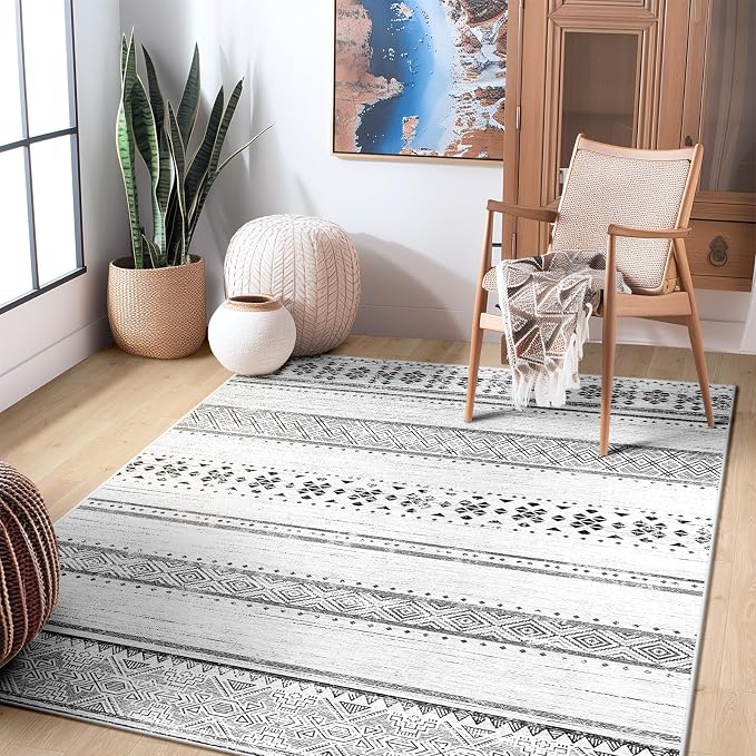 BESTSWEETIE 4x6 Area Rugs for Living Room Washable Moroccan Farmhouse Neutral Geometric Low Pile Non-Slip Soft Print Pattern Rug for Bedroom Kitchen Dining Room Entryway Grey/Black/Navy