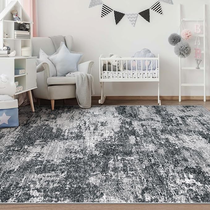 pmtsns Area Rugs 6x9 for Living Room: Washable Rug Modern Abstract Neutral Soft Non-Slip Low-Pile Indoor Carpet for Bedroom Dining Room Playroom Home Office (Black Grey, 6'x9')