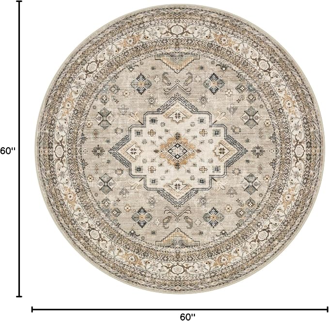 5ft Round Vintage Living Room Area Rug - 5x5 Large Soft Washable Oriental Traditional Distressed Farmhouse Rugs for Bedroom - Indoor Floor Accent Carpet for Home Office House Decor - Beige