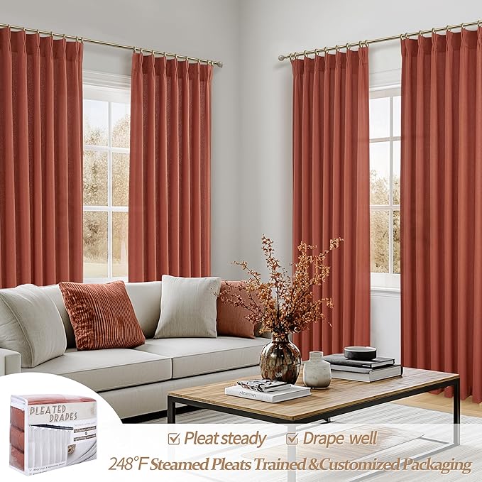 Rust Burnt Orange Fall Sheer Curtains 90 Inches Long for Bedroom 2 Panels Set, Pinch Pleated Flax Linen Light Filtering Decorative Windows Curtain with Hooks Dining Room Privacy Country Drape 7-1/2 FT