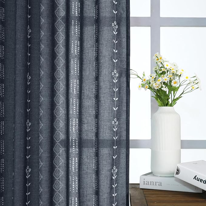 Navy Blue 96 Inches Long Nursery Curtains Boy,Sheer Boho White Floral Striped Linen Nautical Curtains for Baby Living Room