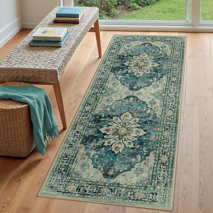 RELEANY Area Rugs Runner 3'x6' Washable Non-Slip, Floral Vintage Distress Medallion Carpet for Kitchen Hallway Bedroom Beside Laundry Room Bathroom, Dark Blue Vintage
