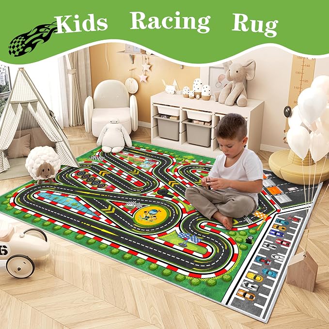 Kids Racing Rug 47''x71'' Car Road Kid Rug Carpet Playmat for Playoom Traffic Road Kid Play Mat for Bedroom，Kids Educational City Traffic Road map Fun Carpet (Green)