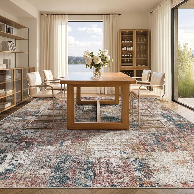 Tortania Washable 8x10 Area Rug for Living Room: Modern Abstract Neutral Large Soft Thin Rugs - Non Slip Indoor Carpet for Bedroom Dining Room Office Nursery Home Floor Decoration - Colorful Multi