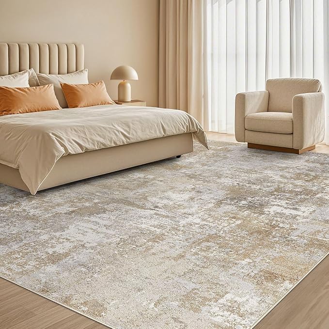 Tortania Washable 9x12 Area Rug for Living Room: Modern Abstract Neutral Large Soft Thin Rugs - Non Slip Indoor Carpet for Bedroom Dining Room Office Nursery Home Floor Decoration - Brown Grey