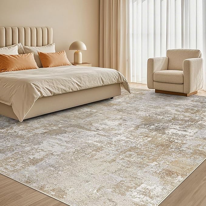 Tortania Washable 7x9 Area Rug for Living Room: Modern Abstract Neutral Large Soft Thin Rugs - Non Slip Indoor Carpet for Bedroom Dining Room Office Nursery Home Floor Decoration - Brown Grey