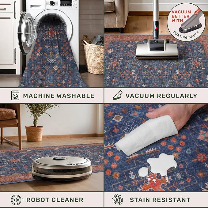 Hazo Haus Navy Blue Runner Rug 2x7 for Kitchen, Hallway, Mudroom, Laundry Room, Bathroom, Washable Non Slip Non Skid Rubber Backing Low Pile Stain Resistance