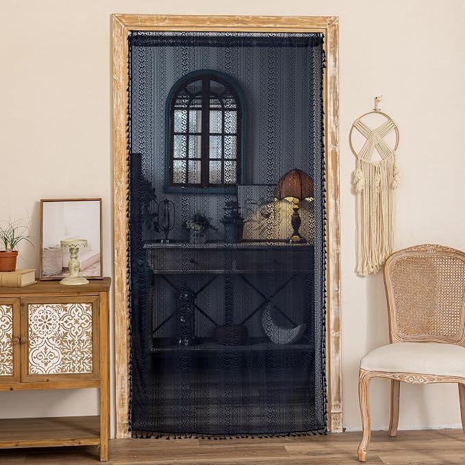 Sutuo Home Navy Blue Boho Doorway Curtain for Doorway Closet, Lace Sheer Door Curtain for Sliding Door Crochet Vintage Tassels Bohemian Privacy Temporary Room Divider Rod Pocket,1 Panel 37" x 80"