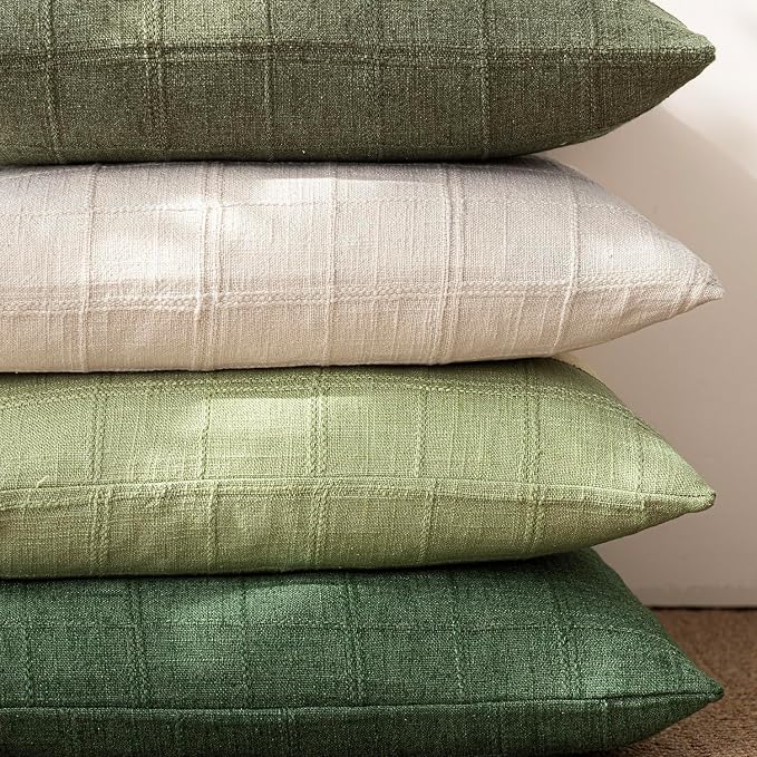 Foindtower Set of 2 Decorative Linen Check Throw Pillow Covers Neutral Farmhouse Vintage Cushion Covers Cozy Modern Boho Accent Home Decor for Sofa Chair Couch Bed Living Room,14×36 Inch,Light Green