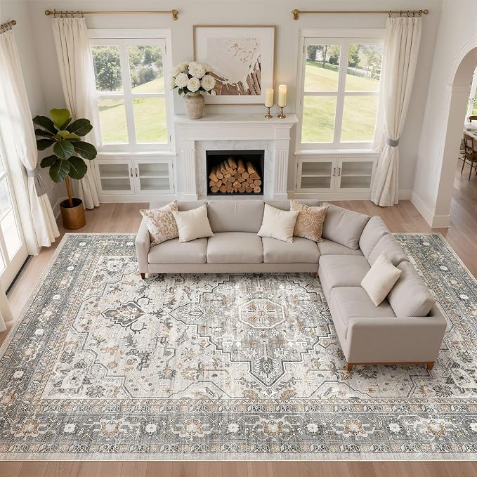 10x13 Area Rug Living Room: Washable Boho Large Neutral Vintage Soft Rug Stain Resistant Distressed Farmhouse Non-Slip Indoor Floor Carpet for Bedroom Nursery Kids Office Dining Room- Taupe