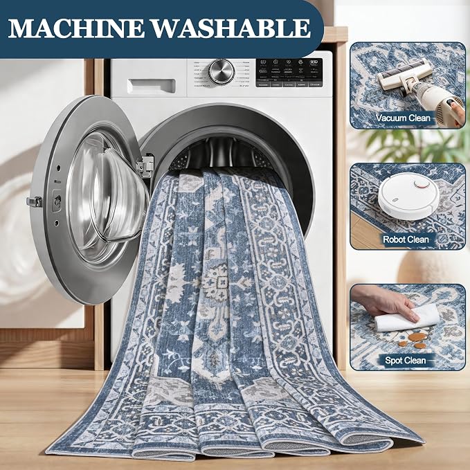 8x10 Area Rugs for Living Room:Blue Washable Vintage Medallion Boho Rug Non-Slip No Slip Stain Resistant Soft Low Pile Large Rugs Indoor Retro Carpet for Bedroom Nursery Dining Office (Blue 8'x10')