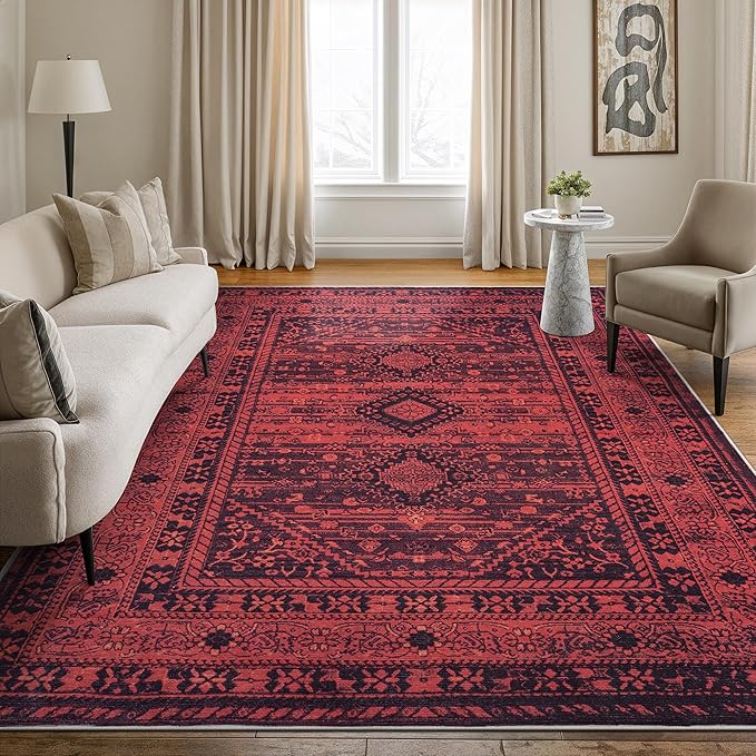 Bloom Rugs Washable Non-Slip 8' x 10' Rug - Red Traditional Bordered Area Rug for Living Room, Bedroom, Dining Room, and Kitchen - Exact Size: 8' x 10'