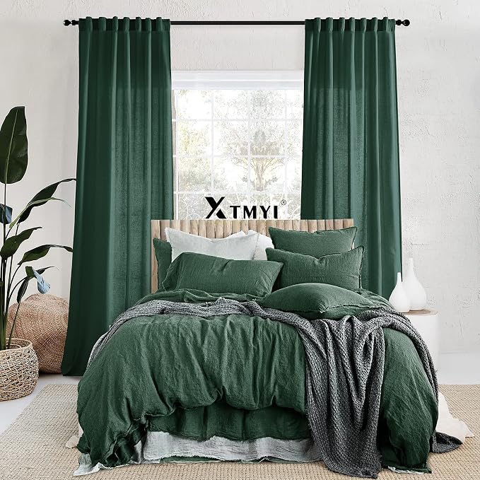 XTMYI Luxury Curtains for Living Room,Emerald Dark Green Sheer Linen to Match Gold Art Deco Curtains for Bedroom,Set of 2 Panel Curtains,50 Wide x 108 Inches Long