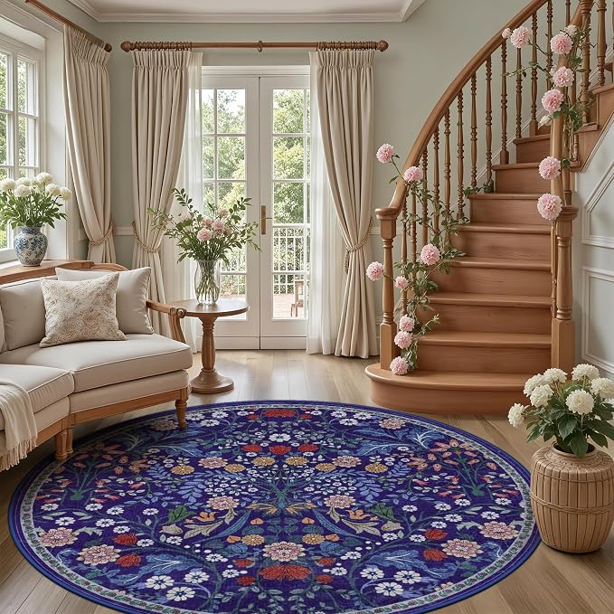 Round Area Rug for Living Room: 8 ft Floral Washable Circle Rug Soft Boho Non-Slip Carpet Indoor Floor Stain Resistant Low Pile Small Circular Rug for Bedroom Entryway Kitchen Nursery Blue