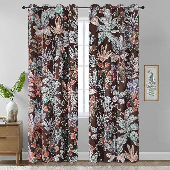 Estelar Textiler Brown Floral Blackout Curtains 102 Inches 2 Panels for Living Room,Grommet Room Darkening Thermal Insulated Privacy Protect Modern Farmhouse Curtains Drapes for Bedroom,52Wx102L
