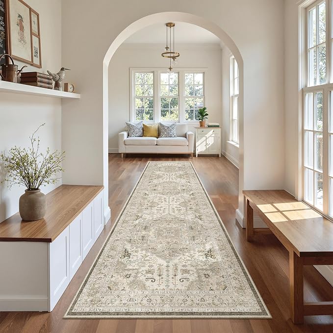 Madane Hallway Runner Rug 2'6''x10' Kitchen Runners Vintage, Ivory/Brown | Non-Slip Washable Rugs 10ft for Laundry Room, Entryway and Bedroom, Soft Low Pile Stain-Resistant Wide 2.5x10 Ft Floor Carpet