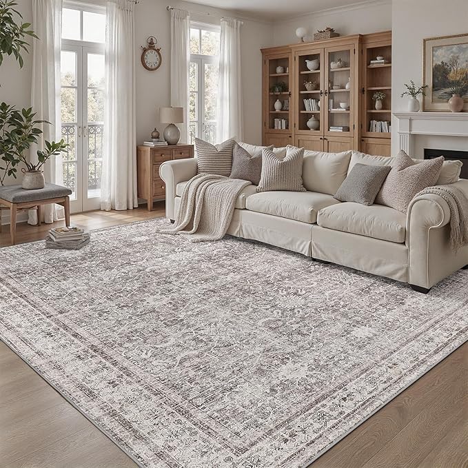 DCX Gray 5x7 Rug, Kid & Pet Friendly with Rubber Back Non Slip, Machine Washable Stain Resistant Vintage Traditional Distressed Carpet, Rug for Living Room, Bedroom, Home Decor