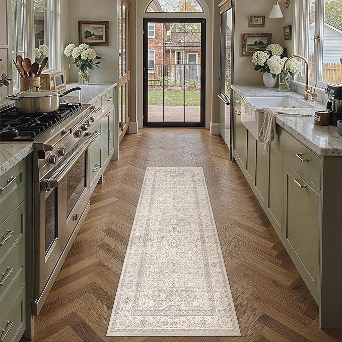 2x5 Washable Vintage Runner Rug Beige Oriental Hallway Kitchen Throw Rug Neutral Non Slip Soft Low Pile Carpet for Bathroom Laundry Bedroom Living Room