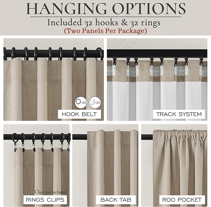 QJmydeco Black Out 96 Inch Long Boho Curtains 2 Panel Set, Farmhouse Curtains for Living Room Darkening/Thermal/Noise Reduction Textured Flax Linen Drape 8ft Hook&Ring Included GreyBeige 50"x96"