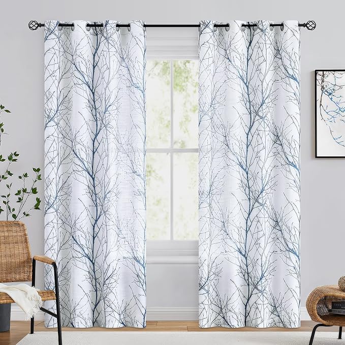 FMFUNCTEX Linen Semi Sheer Curtains for Bedroom, Blue White Curtains 96 Inches Long for Living Room, Grey Tree Branch Patterned Curtain Light Filtering Farmhouse Window Drapes, Grommet Top 2 Panels