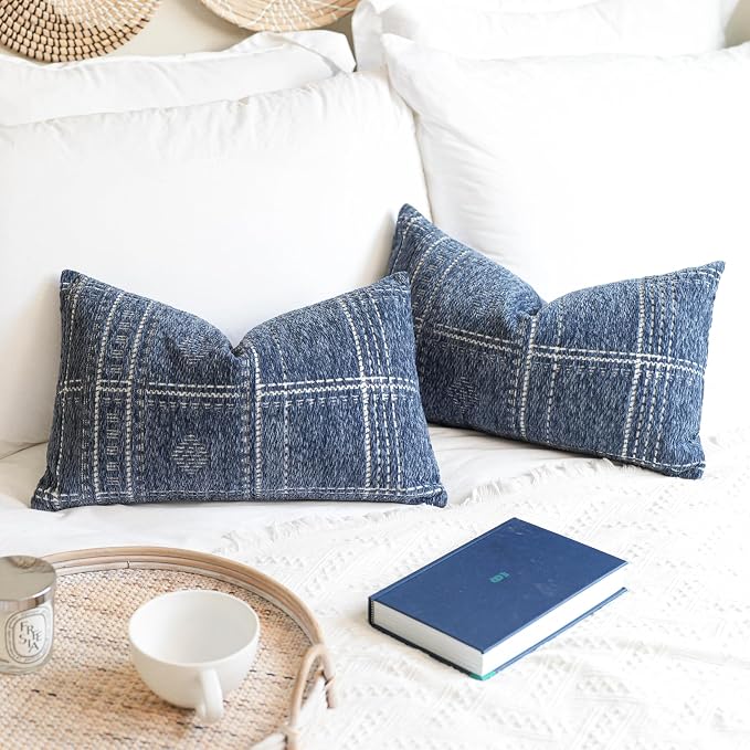 BlissBlush Decorative Lumbar Pillow Covers 12x20 Set of 2, Boho Blue Chenille Accent Rectangular Throw Pillow Covers for Couch Sofa Living Room Home Décor (Cover Only)