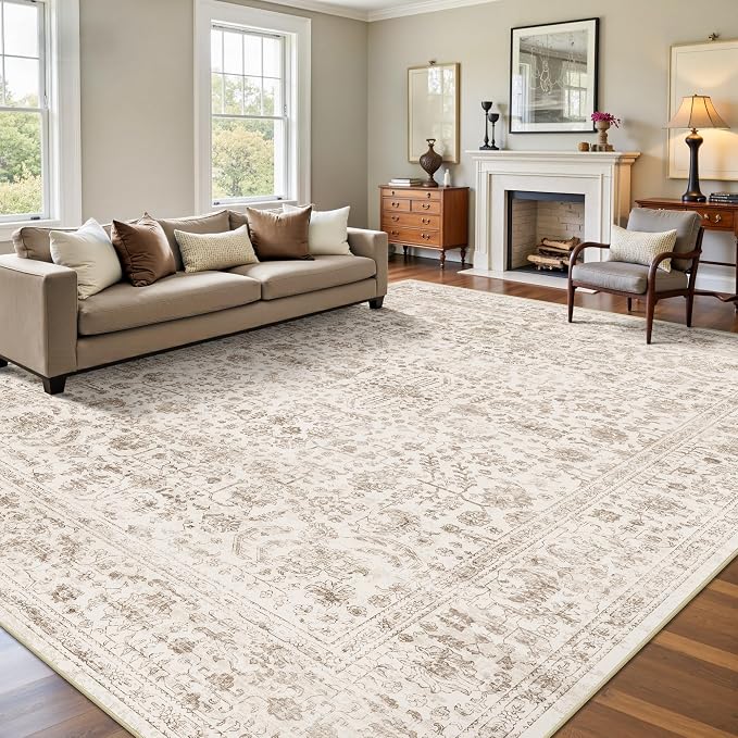 8x10 Area Rugs for Living Room, Washable Vintage Retro Floral Rug, Low Pile Non Slip Distressed Large Carpet for Bedroom, Dining Room, Office, Home (Light Brown)