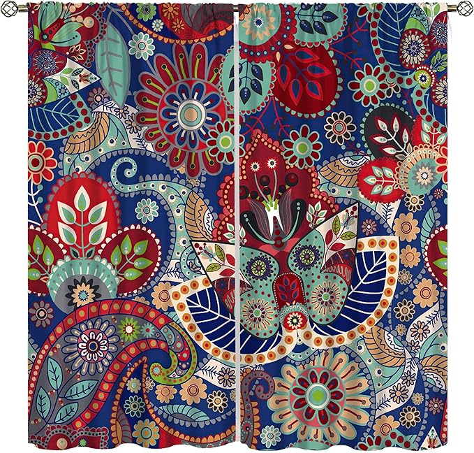 Boho Style Curtains, Ethnic Style Tribal Peris Print Window Treatments, Bedroom Living Room Blackout Rod Pocket Curtains42X63 Inch