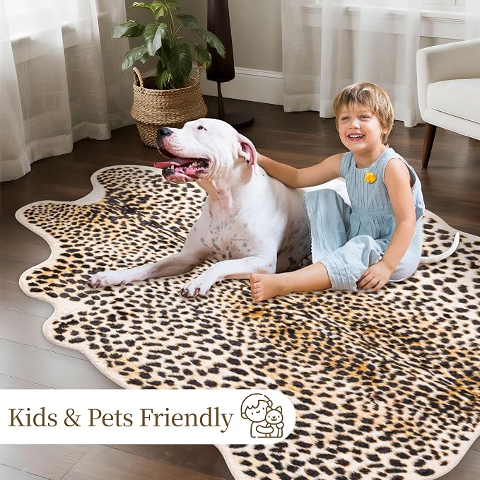 Leopard Rug Cheetah Print Carpet - Animal Printed Skin Area Rug Faux Fur Hide Room Decor for Bedroom Living Room 3.1x3.3ft