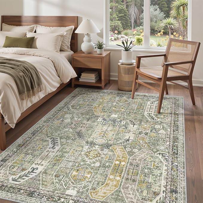 befbee 6x9 Area Rugs for Living Room - Stain Resistant Machine Washable Rugs for Bedroom,Non-Slip Backing Large Area Rug (Green/Gold, 6'x9')
