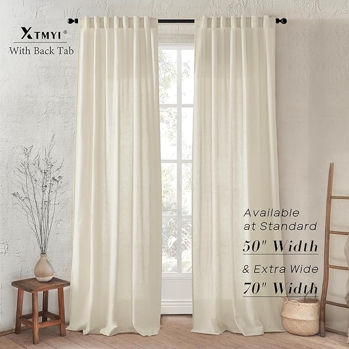 XTMYI Contemporary Curtains for Living Room,Pleat Hooks Linen Semi Sheer Ruffle Curtains for Master Bedroom 2 Panels,90 Inch Long,Beige